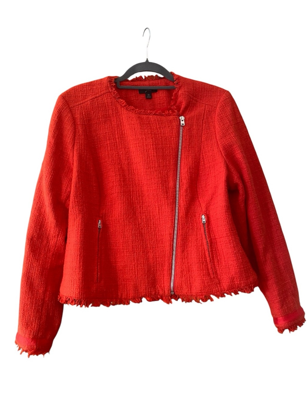 J.Crew Size 16 Vibrant Red/Orange Tweed Fringe Moto Jacket Asymmetrical Zip